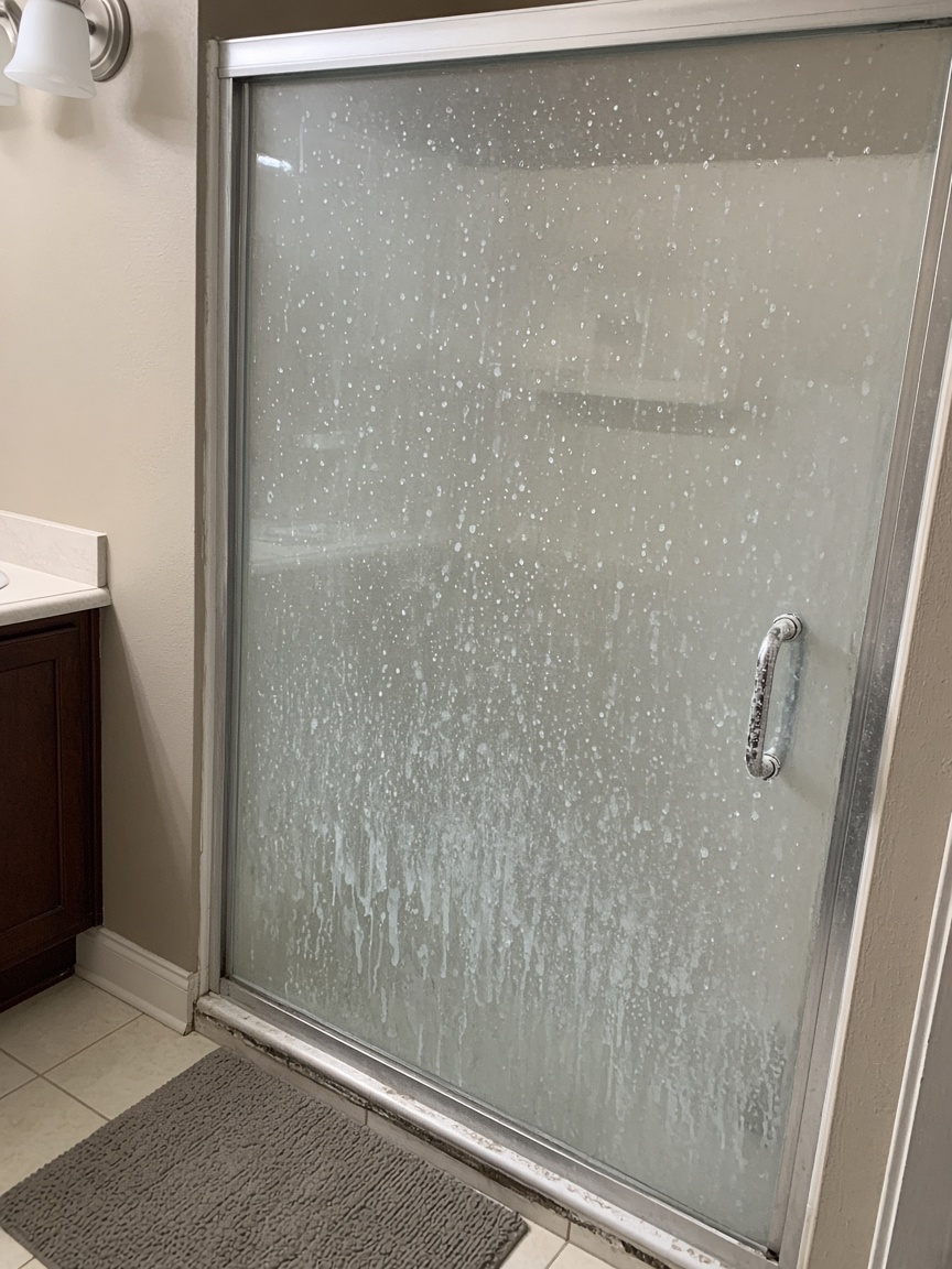 Shower door with white film